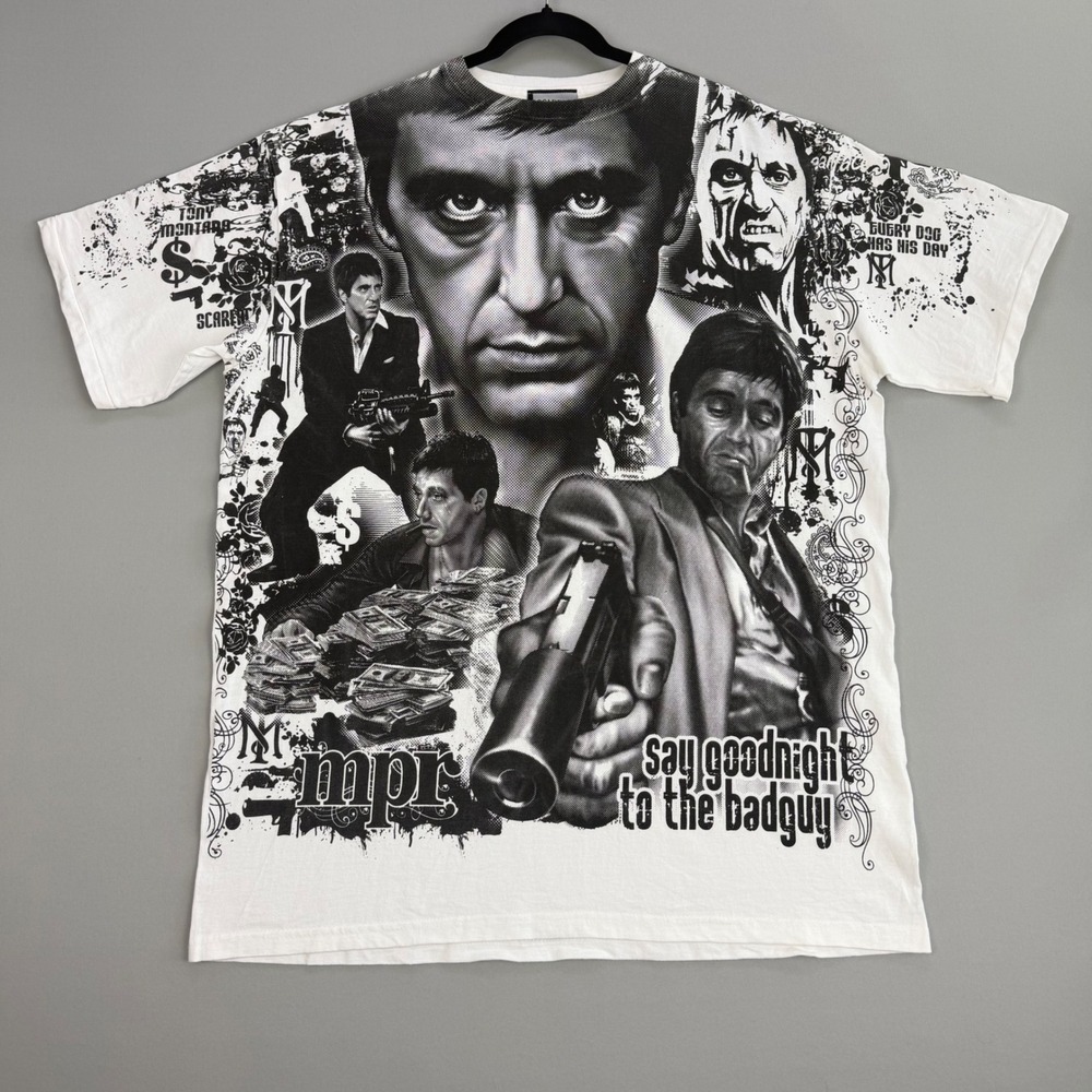 Vintage Y2K Scarface Clothing Tony Montana Shirt RARE All Over Print on White XL